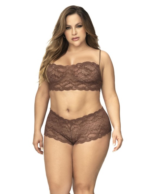 Ensemble 2 pièces en dentelle grande taille, top à bretelles et shorty couleur cacao 