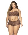 Ensemble 2 pièces en dentelle grande taille, top à bretelles et shorty couleur cacao 