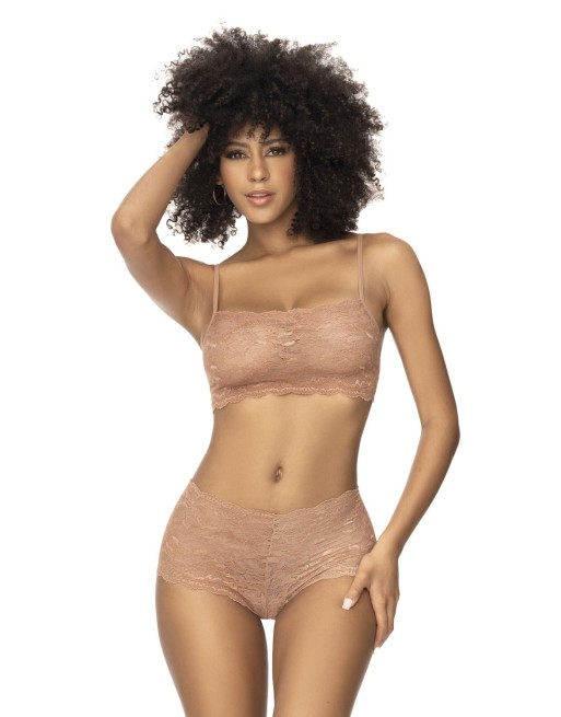 Ensemble 2 pièces en dentelle, top à bretelles et shorty couleur taupe 