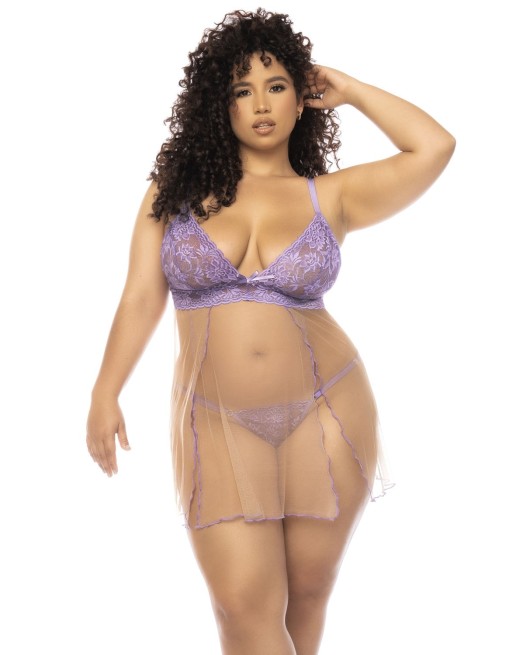Nuisette grande taille couleur lavande et chair Verona, en dentelle et résille transparente