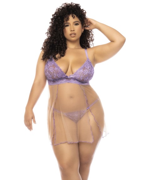 Nuisette grande taille couleur lavande et chair Verona, en dentelle et résille transparente