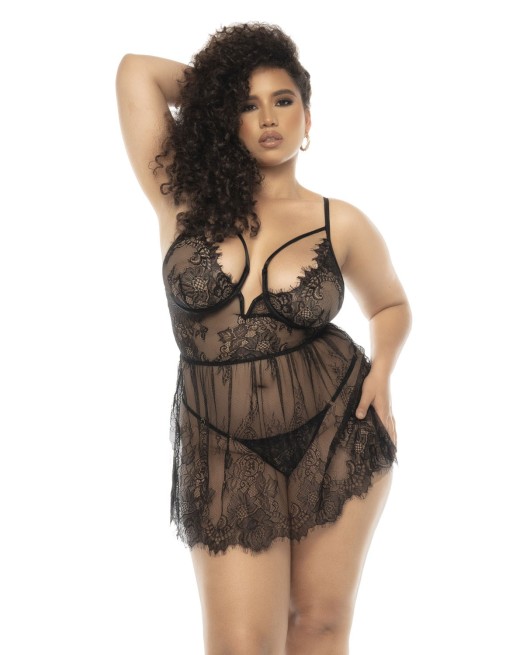 Nuisette noir Selma grande taille, en dentelle, avec armatures et string assorti inclus