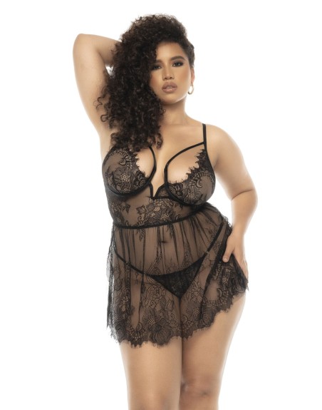 Nuisette noir Selma grande taille, en dentelle, avec armatures et string assorti inclus