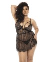 Nuisette noir Selma grande taille, en dentelle, avec armatures et string assorti inclus
