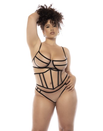 Ensemble 3 pièces noir et chair grande taille, soutien gorge avec armatures, serre taille et string 