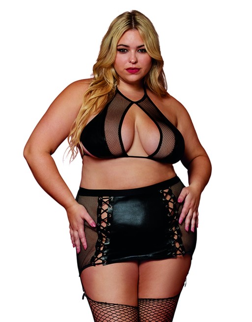 Soutien gorge et jupe porte jarretelles grande taille en résille et simili cuir 