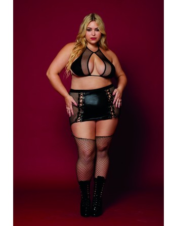 Soutien gorge et jupe porte jarretelles grande taille en résille et simili cuir 