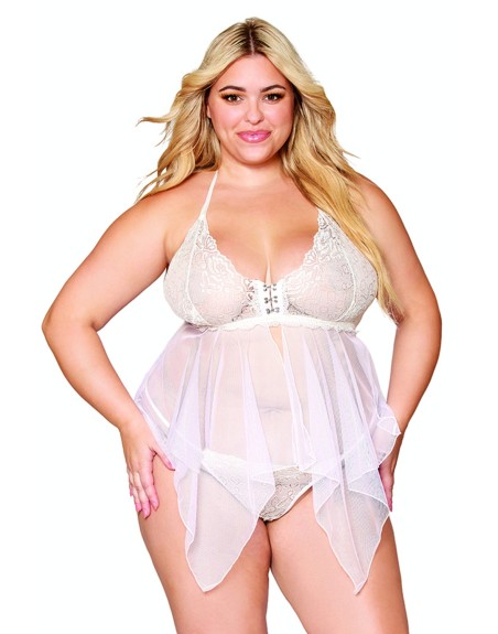 Babydoll et string grande taille en résille et dentelle blanche 