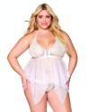 Babydoll et string grande taille en résille et dentelle blanche 