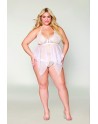 Babydoll et string grande taille en résille et dentelle blanche 