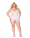 Babydoll et string grande taille en résille et dentelle blanche 