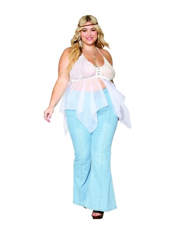 Babydoll et string grande taille en résille et dentelle blanche 