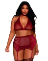 Ensemble 4 pièces grande taille soutien gorge, tour de cou, string et porte jarretelles rouge
