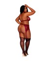 Ensemble 4 pièces grande taille soutien gorge, tour de cou, string et porte jarretelles rouge