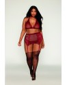 Ensemble 4 pièces grande taille soutien gorge, tour de cou, string et porte jarretelles rouge