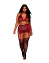 Ensemble 4 pièces grande taille soutien gorge, tour de cou, string et porte jarretelles rouge
