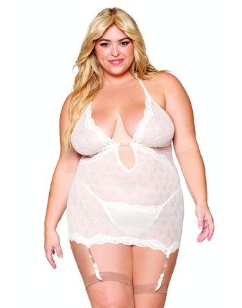Guépière porte jarretelles blanche grande taille avec strass et string inclus 