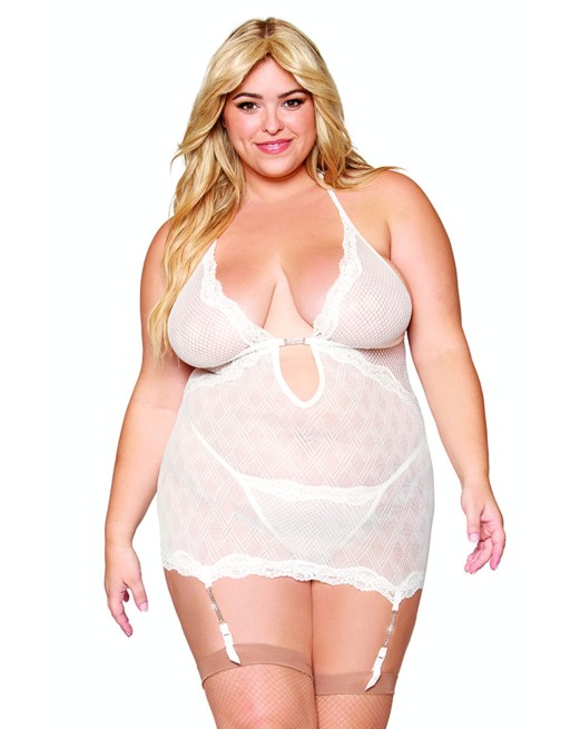 Guépière porte jarretelles blanche grande taille avec strass et string inclus 