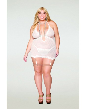Guépière porte jarretelles blanche grande taille avec strass et string inclus 