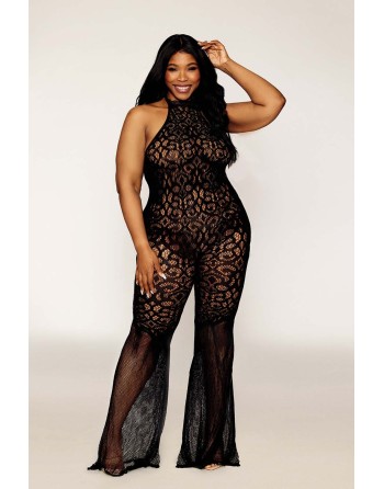 bodystocking en dentelle au crochet sans couture, grande taille, résille noire 