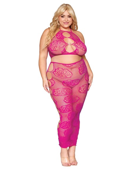 Ensemble Soutien-gorge et jupe longue en filet rose, grande taille 