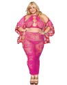 Ensemble Soutien-gorge et jupe longue en filet rose, grande taille 
