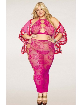 Ensemble Soutien-gorge et jupe longue en filet rose, grande taille 