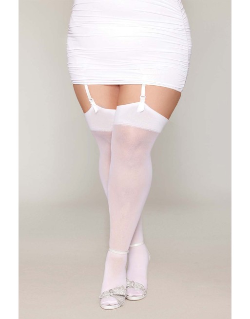 Bas blanc, grande taille, avec couture arrière en strass 