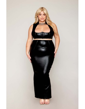 Ensemble Soutien-gorge et jupe longue, grande taille, noir en simili cuir 