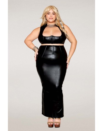 Ensemble Soutien-gorge et jupe longue, grande taille, noir en simili cuir 