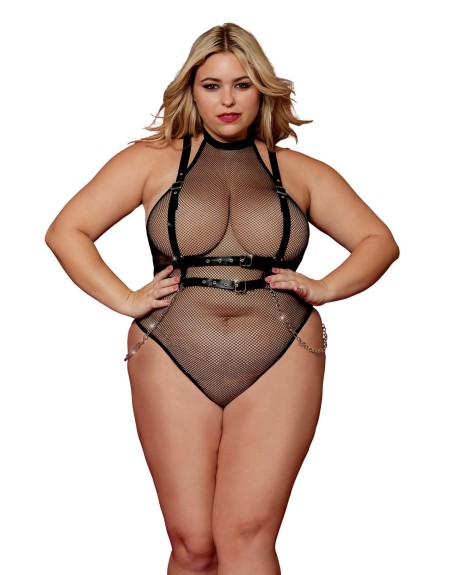 Body en résille, grande taille, avec Harnais simili cuir et chaines 