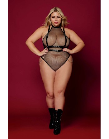 Body en résille, grande taille, avec Harnais simili cuir et chaines 