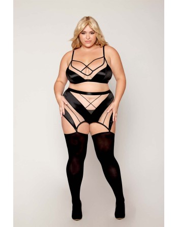 Ensemble grande taille avec Soutien-gorge, jupe porte-jarretelles, string  