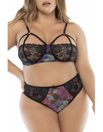 Deux-en-un, nuisette et ensemble trois pièces noir, grande taille, tissu fleur exotique 