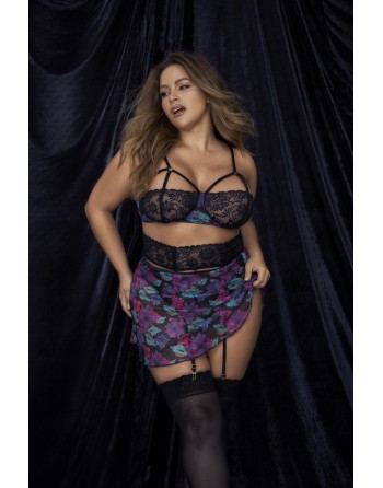 Deux-en-un, nuisette et ensemble trois pièces noir, grande taille, tissu fleur exotique 