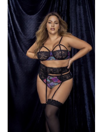 Deux-en-un, nuisette et ensemble trois pièces noir, grande taille, tissu fleur exotique 