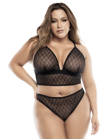 Soutien-gorge, string et jupe, grande taille, résille noire 