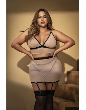 Soutien-gorge, string et jupe, grande taille, résille Chair/Noire 