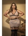 Soutien-gorge, string et jupe, grande taille, résille Chair/Noire 