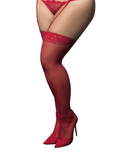 Bas nylon rouges autofixants, grande taille, jarretières dentelle 