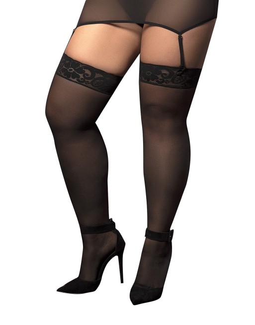 Bas nylon noirs autofixants, grande taille,  jarretières dentelle 