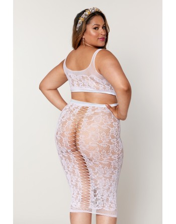 Ensemble 2 pièces grande taille, brassière résille fantaisie et jupe longue assorti 