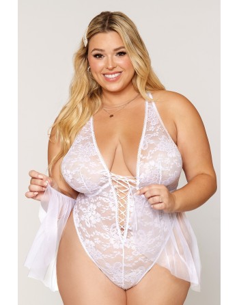 Body grande taille dentelle blanc avec tulle amovible 