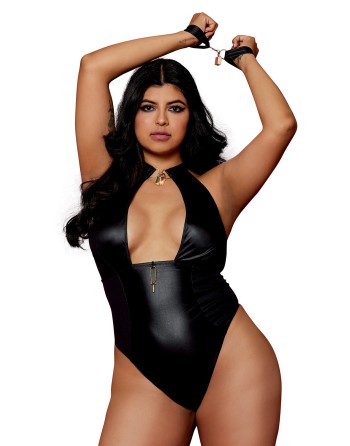 Body wetlook noir  grande taille avec menottes, cadenas bijoux et clé bijou inclus 