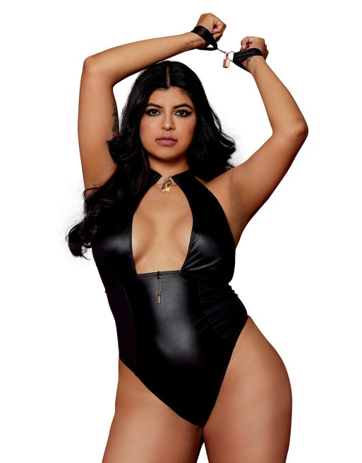 Body wetlook noir  grande taille avec menottes, cadenas bijoux et clé bijou inclus 