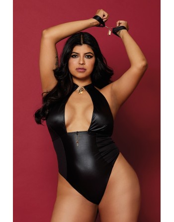 Body wetlook noir  grande taille avec menottes, cadenas bijoux et clé bijou inclus 