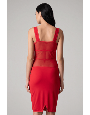 Robe sensuelle et habillée avec maille transparente rouge