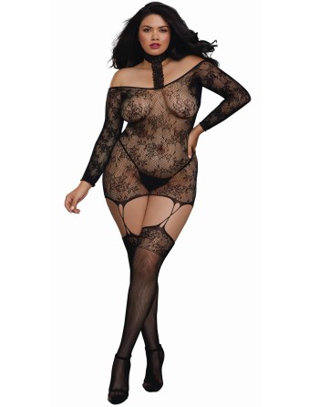 Bodystocking résille guêpière grande taille réversible avec tour de cou 