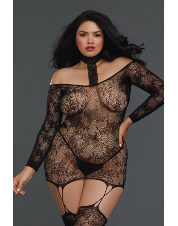 Bodystocking résille guêpière grande taille réversible avec tour de cou 