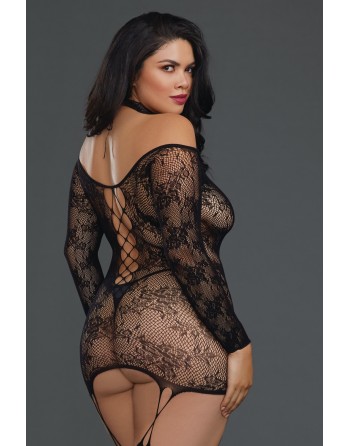 Bodystocking résille guêpière grande taille réversible avec tour de cou 